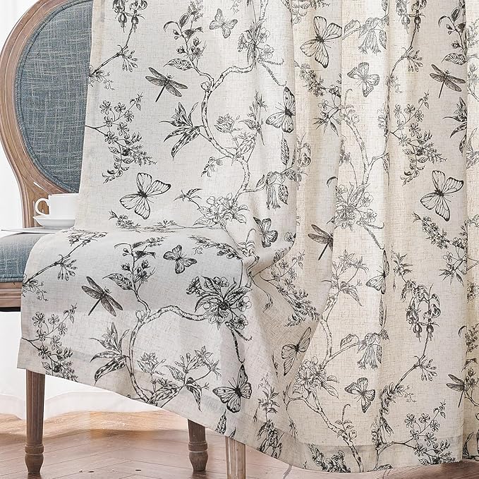 Lazzzy Linen Black Floral Curtains 90 Inch Length Farmhouse Curtain Back Tab Drapes for Living Room Bedroom Light Filtering Vintage Rod Pocket Curtains, 2 Panels, Black on Beige