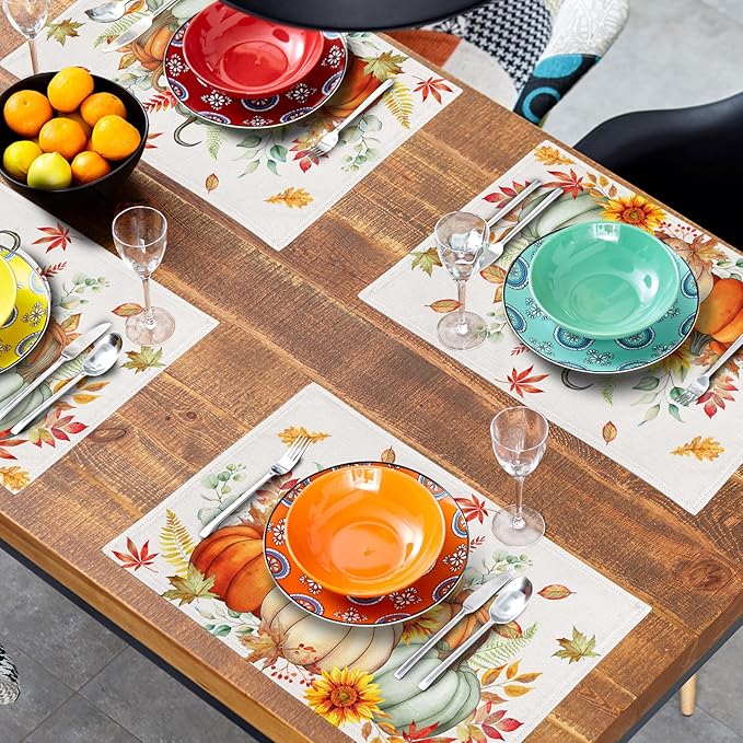 Pumpkins Maple Leaves Placemats Set of 4 Sunflowers Autumn Thanksgiving Table Mats 12 x 18 Inch Farmhouse Decoration for Party Dining Kitchen