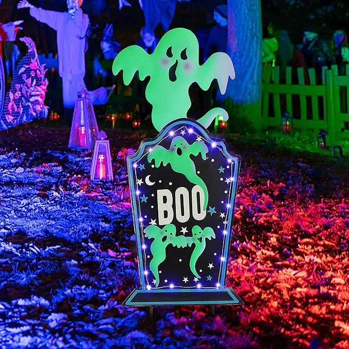Joliyoou Halloween Yard Stake, 26.4" Solar Lighted Metal Tombstone with Glow in The Dark Ghosts, 18 LED Purple Lights Spooky Yard Sign for Outdoor Front Door Yard Lawn Garden Decors