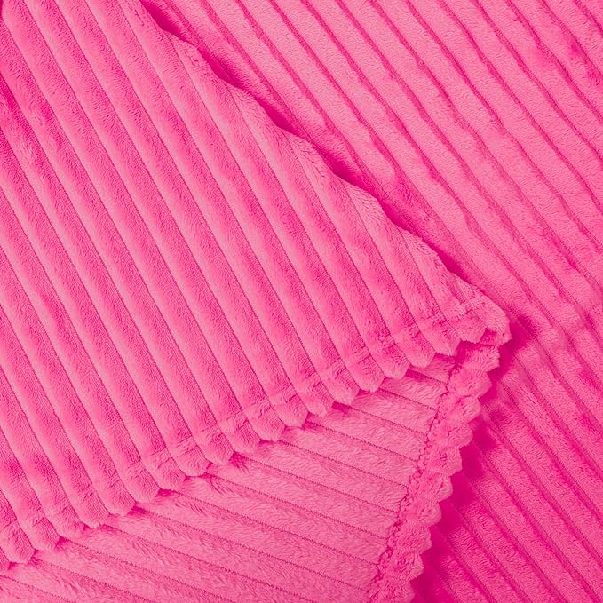 Vessia Flannel Fleece Twin Blanket for Couch,Sofa,Bed, 300GSM Striped 60x80 inch Hot Pink Blanket for Adults and Kids, Super Soft Warm Cozy Lightweight Ribbed Throw for All-Season