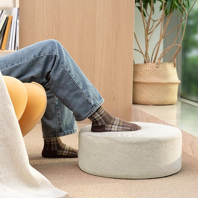 Pouf Ottoman Foot Rest Stool, Double Layer Round Modern Foam Filled Foot Stool for Couch, Living Room, Bedroom (Beige)