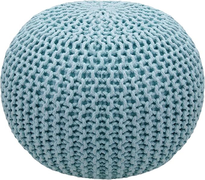 COTTON CRAFT Round Pouf - Hand Knitted Cotton Braid Cord Cable Dori Ottoman - Foot Stool - Floor Pouf Footrest Accent Seat Furniture Bean Bag - Living Room Kids Nursery Dorm Décor - 20x14 - Light Blue