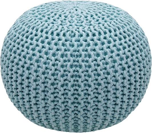 COTTON CRAFT Round Pouf - Hand Knitted Cotton Braid Cord Cable Dori Ottoman - Foot Stool - Floor Pouf Footrest Accent Seat Furniture Bean Bag - Living Room Kids Nursery Dorm Décor - 20x14 - Light Blue