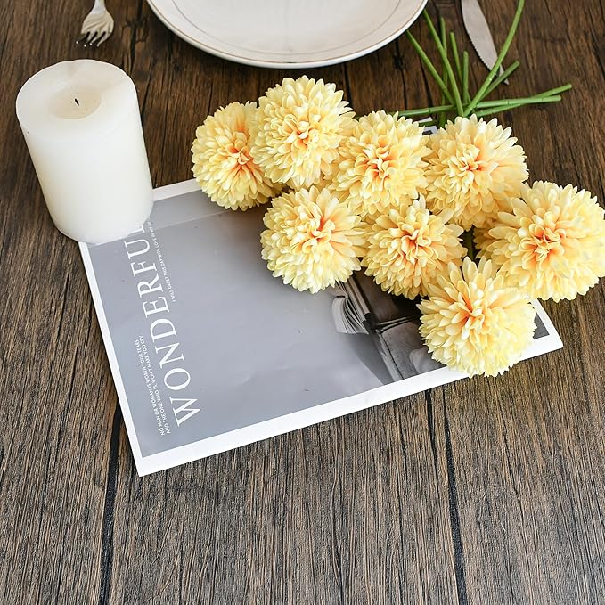 Mandy's Yellow Artificial Ball Chrysanthemum 12 Stems Faux Flowers with Bendable Stems for DIY Wedding Centerpiece Fall Decor Home Arrangements