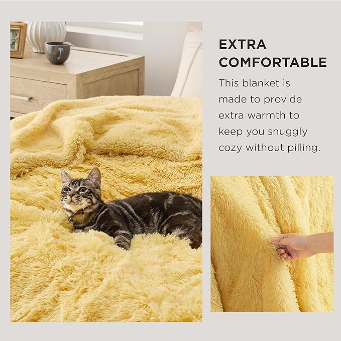 Bedsure Fluffy Yellow Blankets Queen Size for Bed, Thick Sherpa Faux Fur Fleece Fuzzy Plush Winter Warm Heavy Soft Full Queen Blankets, Bedroom Decor Yellow Gifts Cozy Gifts for Women Men, 90x90