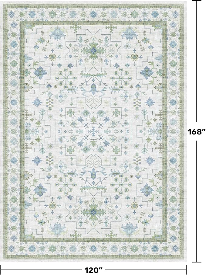 Oriental 10x14 Rug Living Room - Washable Oushak Boho Extra Large for Bedroom Non Slip Soft Faux Wool Carpet for Dining Room Playroom - Cream Blue and Green Floral Rug