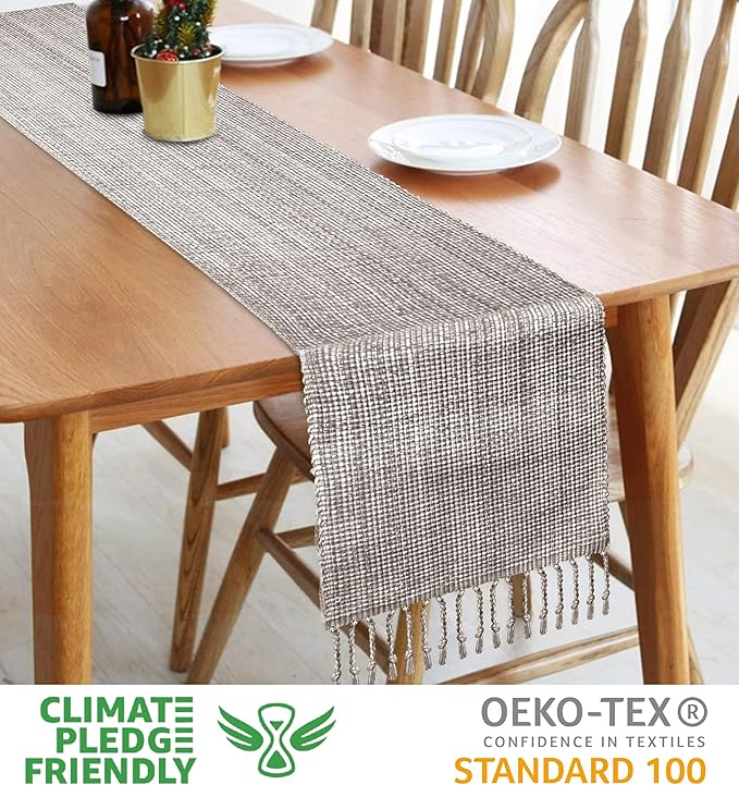 Urban Villa, 100% Cotton Two Tone Table Runner,14''x 72'' Over Sized Taupe/White Two Tone Table Runner with Fringes, Every Day Use Heavier Quality Christmas Runners