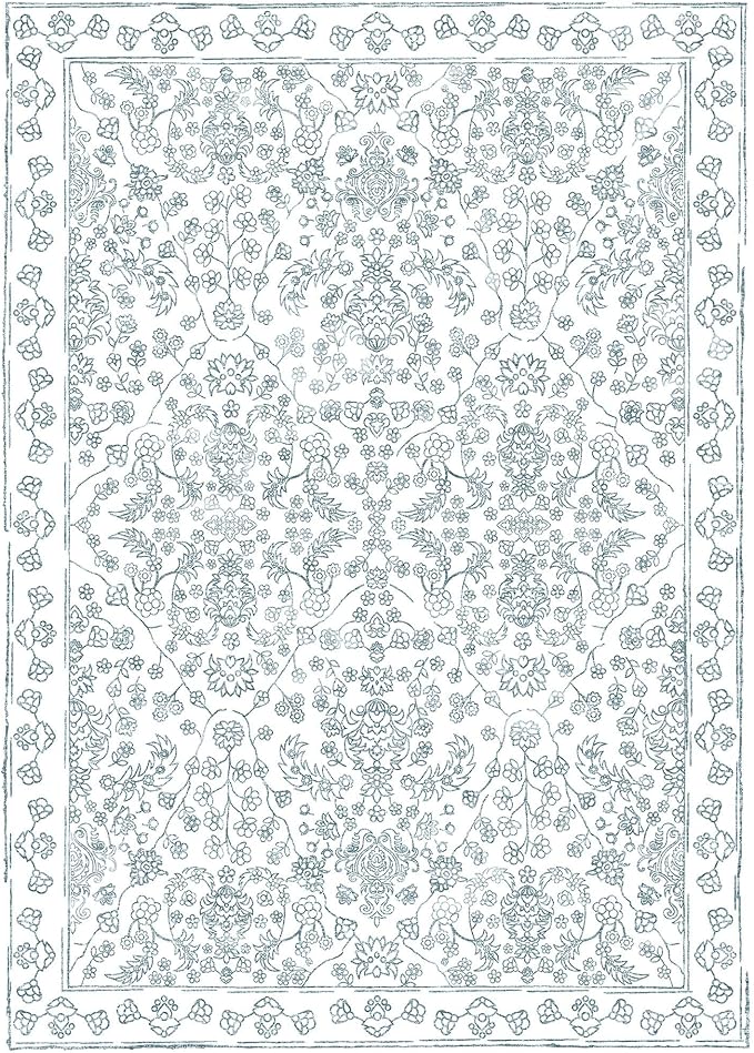 Floral Area Rug 5x7 Washable Blue Carpet Non Slip Large Boho Thin Farmhouse Throw Accent Rug for Living Room Bedroom Office Kitchen Bathroom