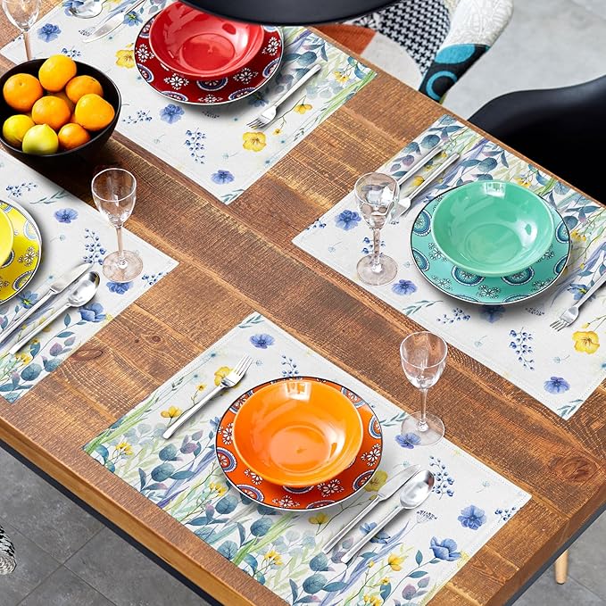Watercolor Floral Placemats Set of 4 Blue Yellow Poppy Flowers Washable Non-Slip Heat Resistant 12×18 Inch Spring Summer Seasonal Linen Fabric Table Mats for Kitchen Dining Table