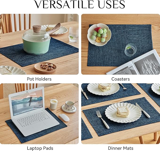 Softalker Faux Linen Placemats Set of 6-12 x 18 Inch, Heat Resistant Double Layered Durable Burlap Farmhouse Place Mats, Non-Slip Washable Rustic Table Mats for Dining, Kitchen, Party(Navy Blue