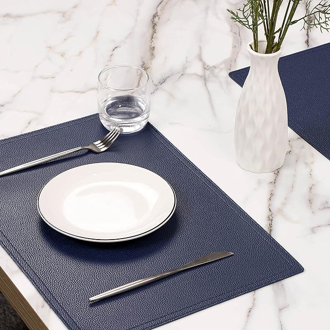 Set of 6 Faux Leather Placemats, PU Table Mats, Waterproof, Stain Resistant, Heat Resistant, Non-Slip Easy to Clean for Kitchen Dining Table,Conference Table C Blue Rectangle