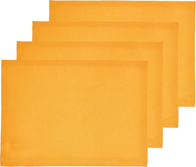 Solino Home Linen Cloth Placemats Set of 4-100% Pure Linen Tangerine Yellow Placemats 14 x 19 Inch for Summer - Fete