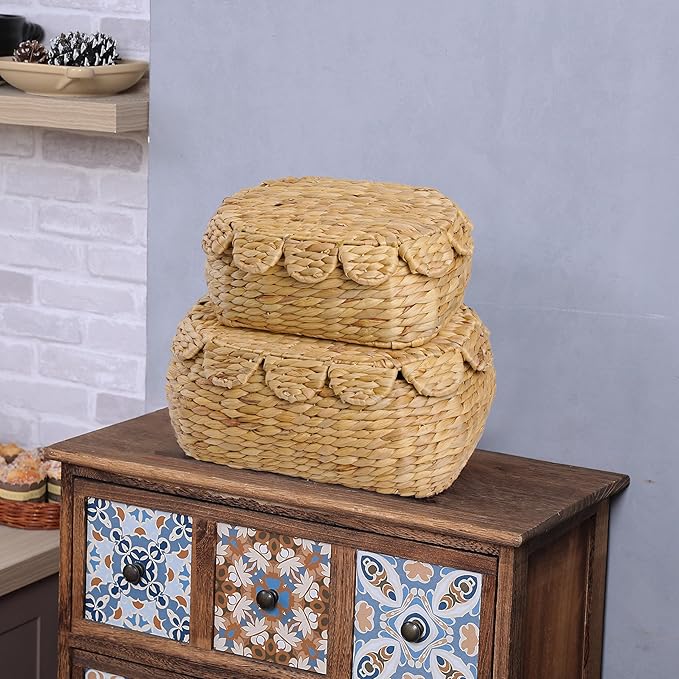 Round Wicker Storage Baskets with Lid, Rattan Basket Decorative Boxes, Woven Storage Box Hyacinth Basket with Lids, Scalloped Edge Wicker Basket with Lid, Set of 2