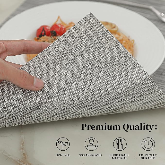 Leetaltree Silver Placemats Set of 6 - Heat Resistant Non-Slip Place mats for Dining Table, Washable Durable PVC Vinyl Woven Table Mats(Silver, 6)