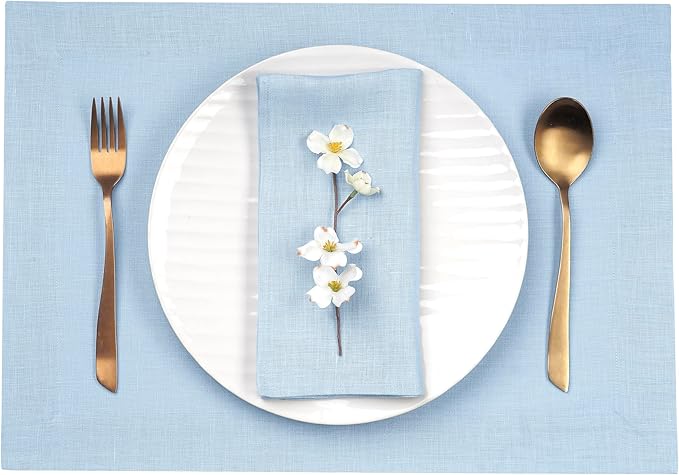 D'Moksha Homes Linen Placemats 14 x 19 Inch - Powder Blue Placemats Set of 4-100% Pure Linen Table Place Mats for Summer - Handcrafted and Machine Washable