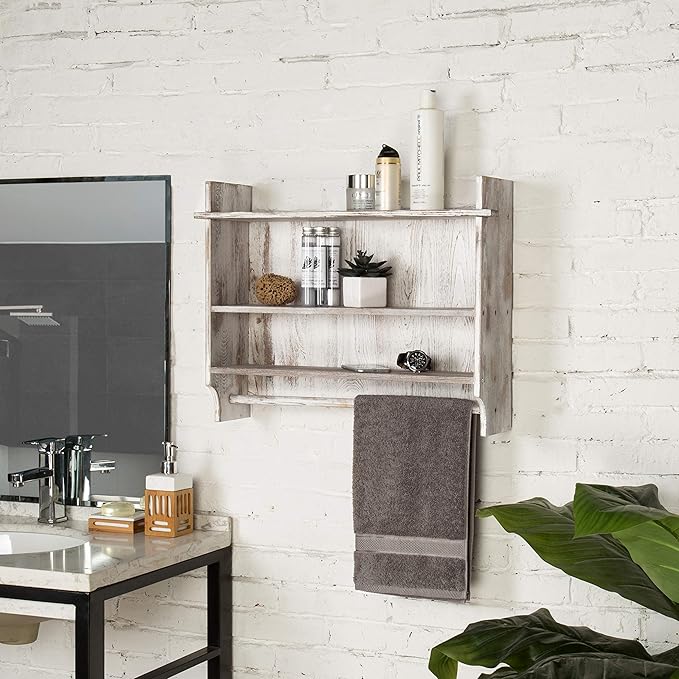 MyGift 3 Tier Wall Mounted Shabby White Washed Solid Wood Bathroom Storage Shelves, Wooden Floating Shelf Toilet Paper Holder Rack with 23 Inch Wide Towel Hanging Bar