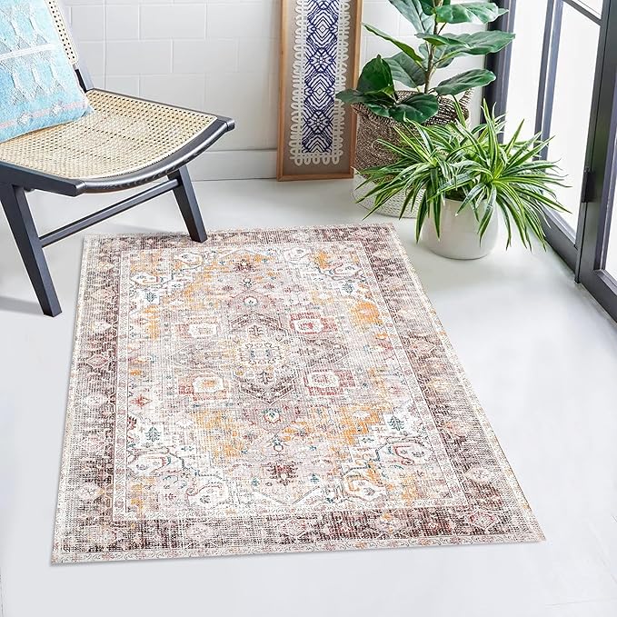 Feet Washable Soft Small Boho Area Rugs, Rags Rug, Printed Carpet Chennile Rugs for Living Room 27x45 inch Cream Brown Multi,Machine Washable Printed Rugs - 30% Cotton, 70% Polyester