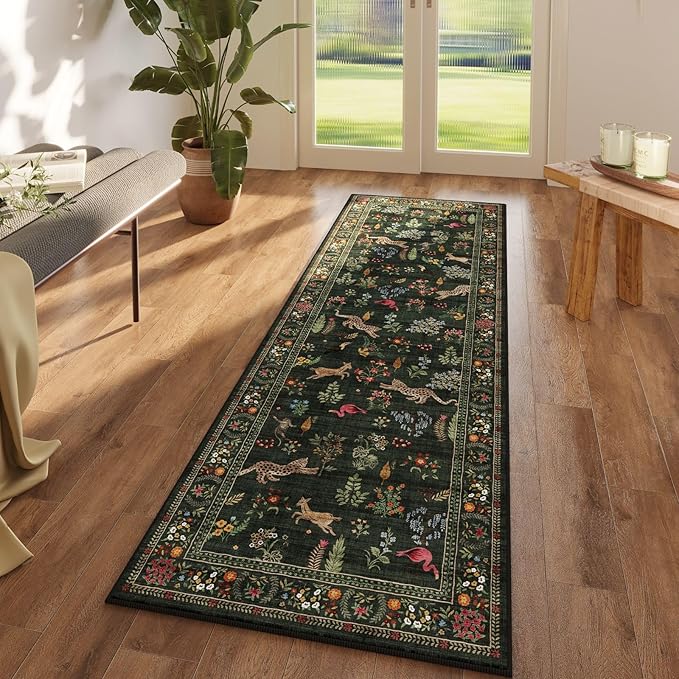 Runner Rug for Kitchen Rug Non Slip 2'x6' Washable Rugs with Rubber Backing Soft Floral Animal Carpet Runner for Kitchen, Laundry, Bedroom, Bathroom (Green)