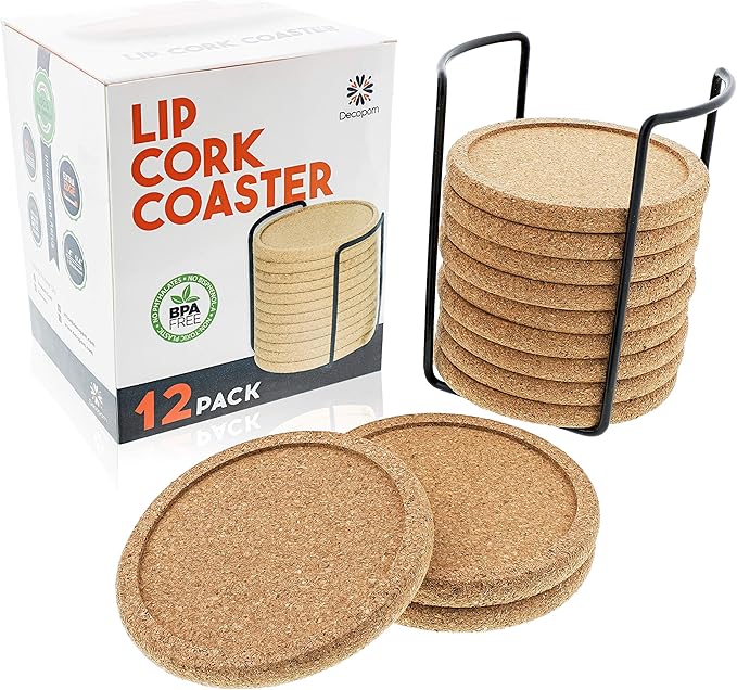 Cork Coasters with Lip for Drinks Absorbent | 12 Set 4 Inch Thick Rustic Saucer with Metal Holder Heat & Water Resistant | Best Reusable Natural Round Coasters for Bar Glass Cup Table