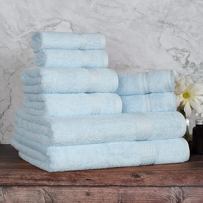 Superior Egyptian Cotton 8-Piece Towel Set, Assorted Towels for Home Bathroom, Guest Bath Decor Essentials, Includes 2 Bath, 4 Hand, 2 Face Towels/Washcloths, Quick Dry, Absorbent, Light Blue