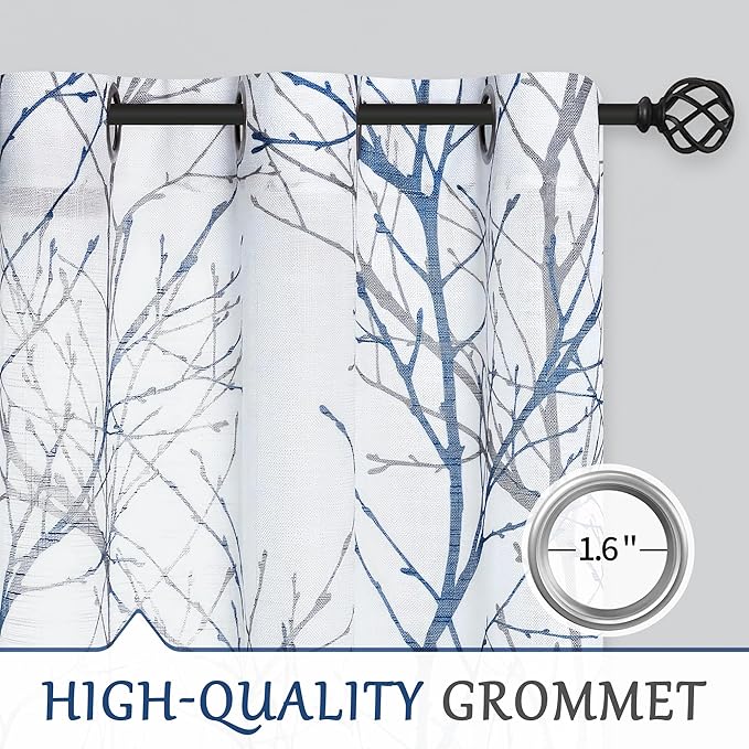 FMFUNCTEX Blue White Sliding Glass Door Curtain 84 Inches Long Branch Tree Print 100 Inch Extra Wide Linen Semi Sheer White Grommet Curtain for Living Room Patio Door Room Divider Curtain 1 Panel