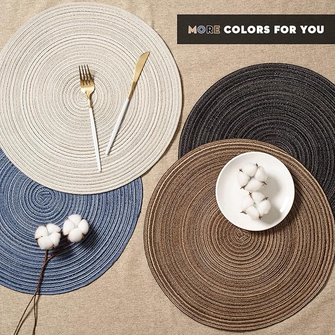 FunWheat Round Braided Placemats Set of 6 Place mats for Dining Tables Woven Heat Resistant Table Mats 15 inch (Blue)
