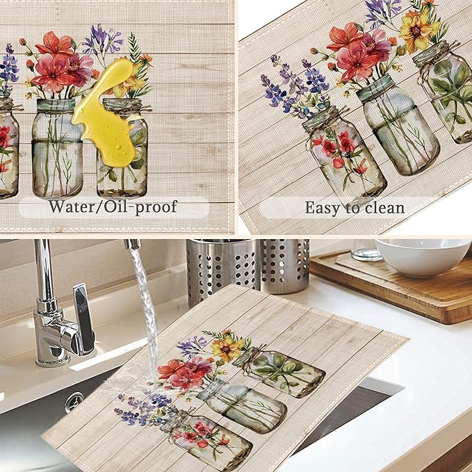 Summer Flowers Placemats Set of 6,Washable Heat Resistant 12×18 Inch Linen Table Mats Fall Floral Place Mats for Party Outdoor Dining Décor