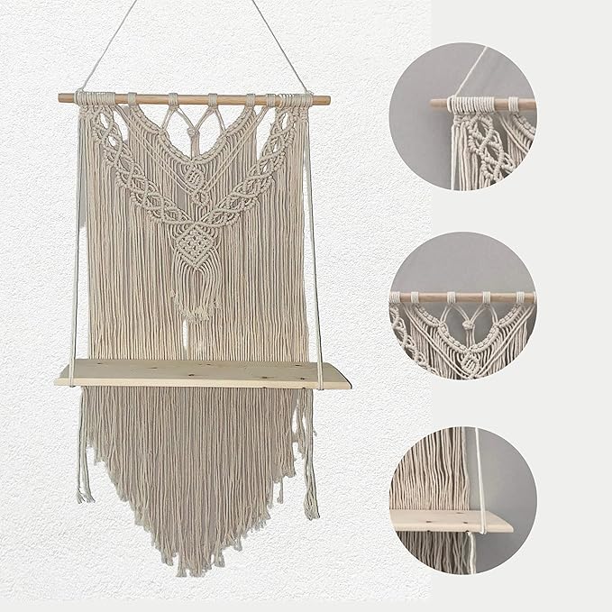 NORAS's ACCENT Macrame Wall Hanging Shelf - Boho Indoor Outdoor Hanging Shelves Organizer for Wall Decor - Decorative Bohemian Wall floating Storage Shelf for Plants, Handmade Cotton Rope Pine Wood