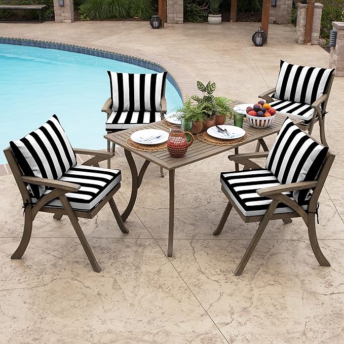 Arden Outdoor Dining Chair Cushion, 21 x 21, Rain-Proof, Fade Resistant 21 x 21, Black Cabana Stripe