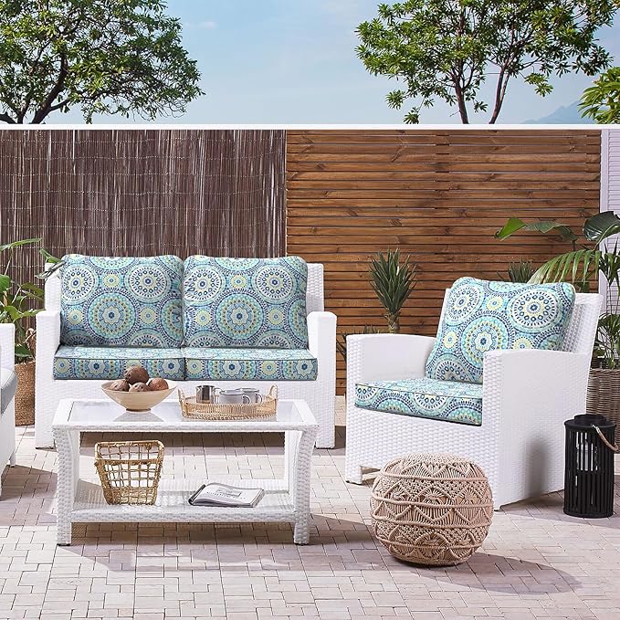 LVTXIII Outdoor Deep Seat Cushion Patio Seat and Back Cushion Set Seasonal Chair Cushion with Removable Cover and Adjustable Buckle for Home and Garden, 24"x24"x4", Delancey Lagoon