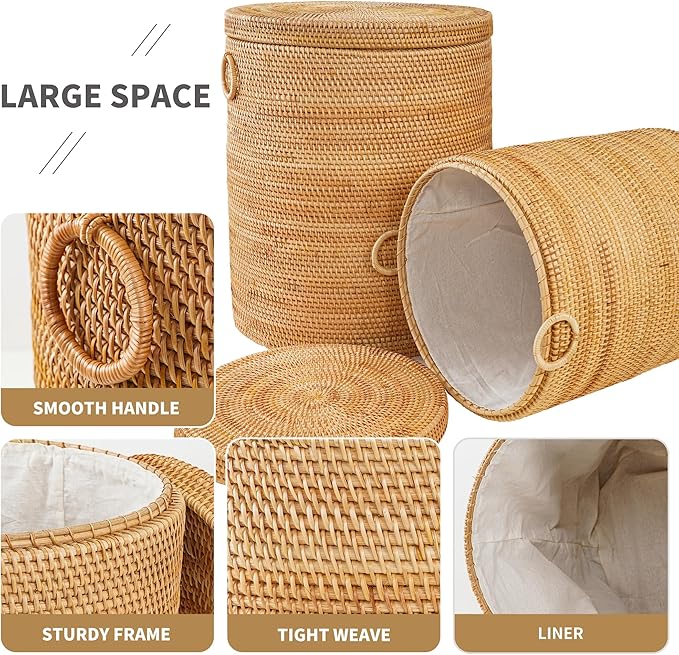 Rattan Laundry Hamper With Lid, Round Wicker Large Hampers For Laundry With Liner Bag and Handles for Organizing Clothes Kids Toys Books (15.7" L×15.7"W×17.3"H)
