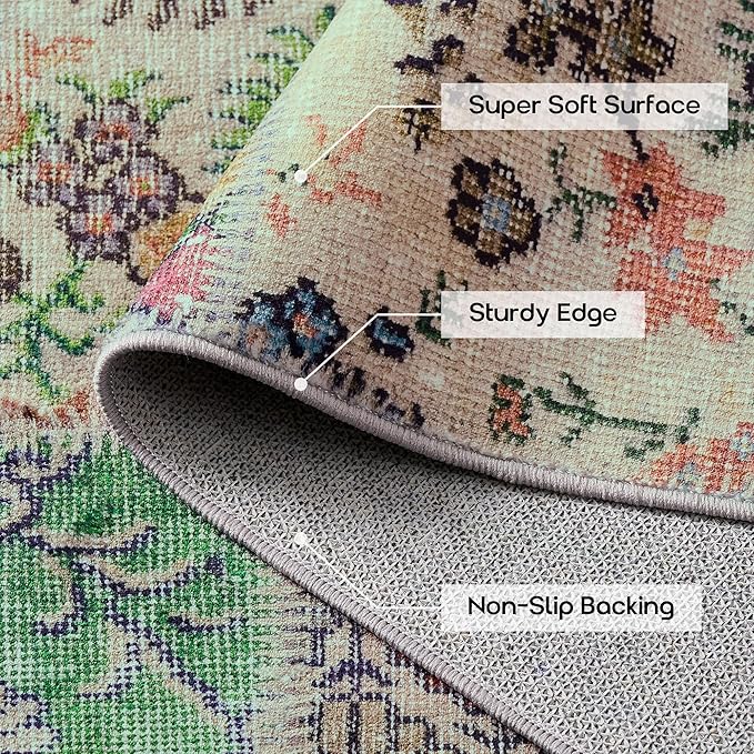 Area Rug 6x9 for Living Room,Washable Stain Resistant Geometric Boho Rugs for Dining Room Table,Light Tan Beige Brown and Dark Green Yellow Rust Orange