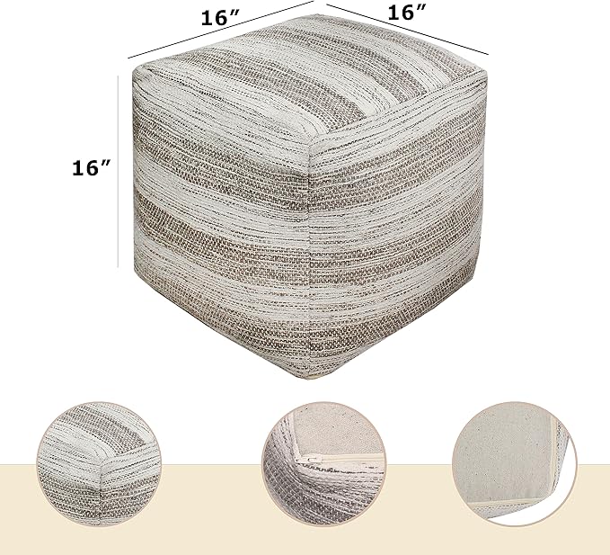 COTTON CRAFT Handwoven Stripe Dhurrie Pouf - Ottoman Foot Stool Bean Bag - Dorm Bedroom Home Décor - Accent Seating - Boho Modern Comfortable Prefilled Cotton Pouf Footrest - 16 inch Square - Grey
