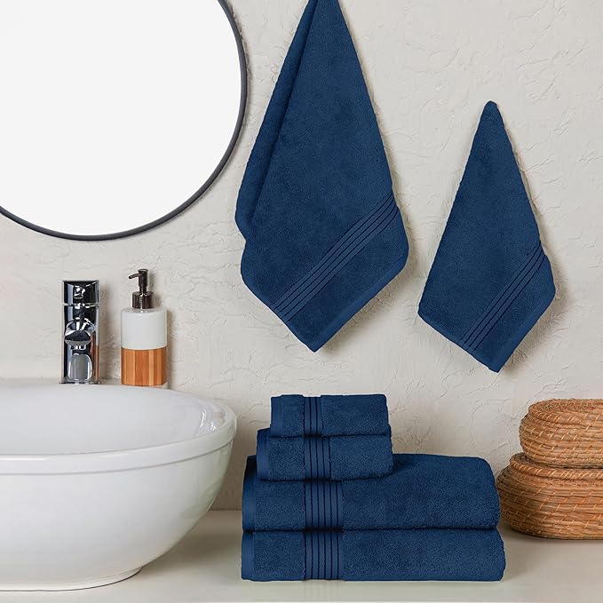 Elegant Comfort Premium Cotton 6-Piece Towel Set, Includes 2 Washcloths, 2 Hand Towels and 2 Bath Towels, 100% Turkish Cotton - Highly Absorbent and Super Soft Towels for Bathroom, Navy