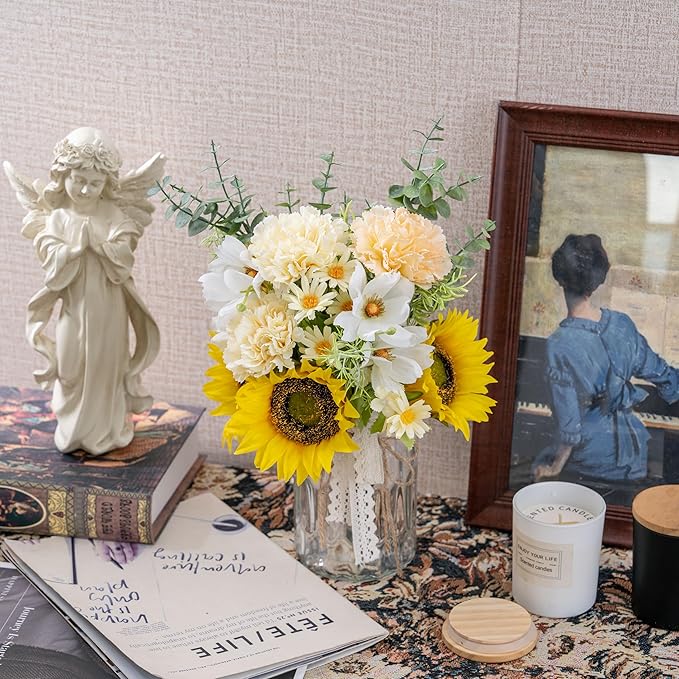 LUEUR Fake Flowers Artificial Sunflowers with Vase, Faux Silk Carnation,Daisy Flowers for Home Office Decorations, Kitchen Dining Table Decor, Farmhouse Centerpiece Table Decoration