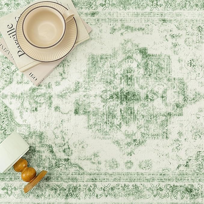Area Rug 5x7 Washable Green Rug Vintage Boho Medallion Large Distressed Retro Carpet for Living Room Non Slip Indoor Low Pile Small Soft Bedroom Dining Room Home Office