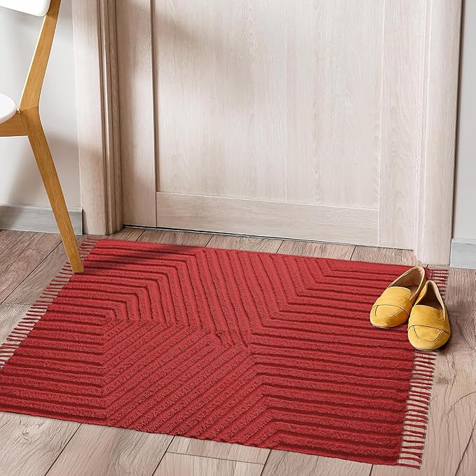 Boho Bathroom Rug 2' x 3', Washable Hand-Woven Tufted Cotton Rug with Tassels for Entryway, Foyer, Bedroom, or Kitchen - Rust Bricks