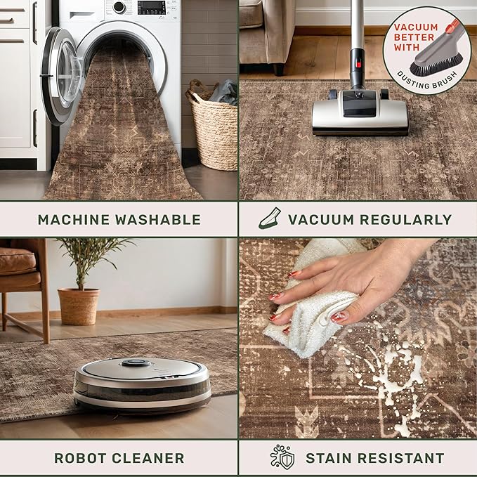 Boho Taupe Brown 2x3 Entryway Rug - Modern Vintage Traditional Eclectic Oriental Neutral, Washable Low Pile Non-Slip Small Throw Area Rugs for Door Mat Indoor Entrance, Kitchen, Bathroom