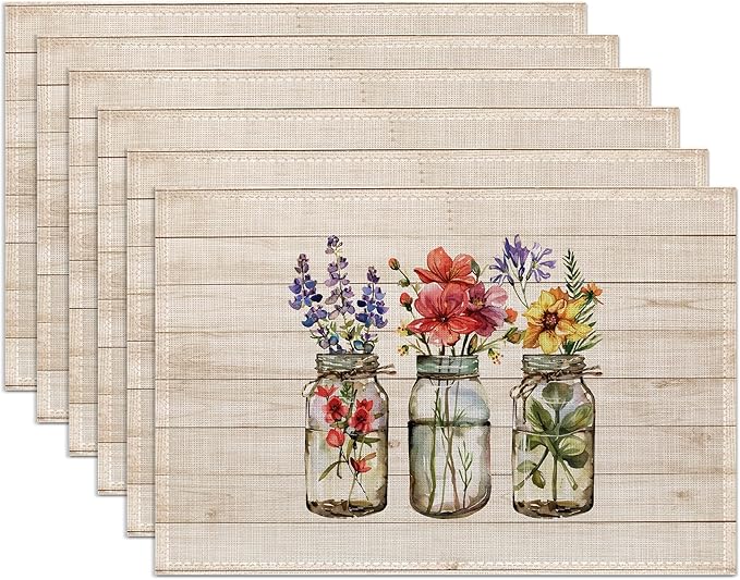 Summer Flowers Placemats Set of 6,Washable Heat Resistant 12×18 Inch Linen Table Mats Fall Floral Place Mats for Party Outdoor Dining Décor