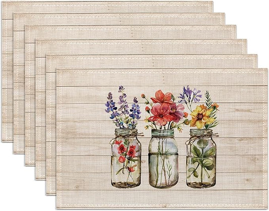 Summer Flowers Placemats Set of 6,Washable Heat Resistant 12×18 Inch Linen Table Mats Fall Floral Place Mats for Party Outdoor Dining Décor