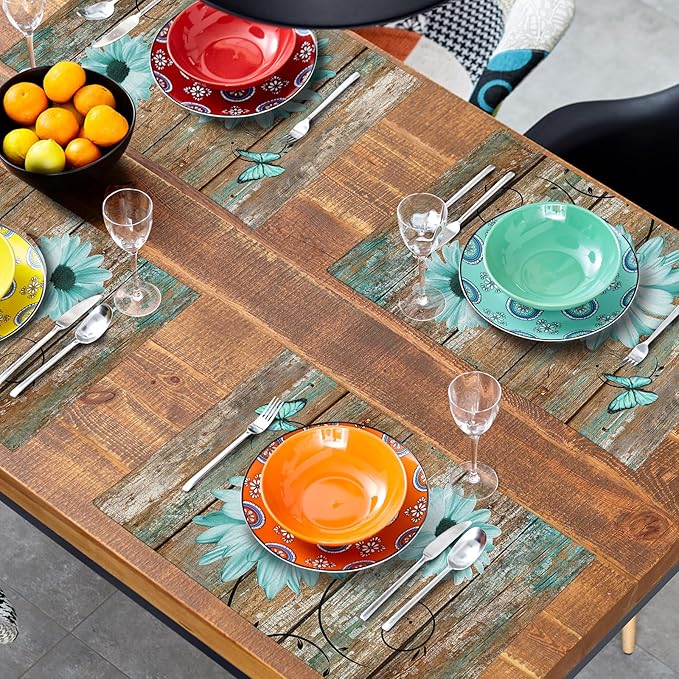 Giwawa Rustic Daisy Placemats Set of 4- Teal Sunflowers on Vintage Wood Board Linen Place Mat- Farmhouse Wooden Non Slip Heat Resistant Table Mats for Dining Kitchen Cabin Lodge Decor