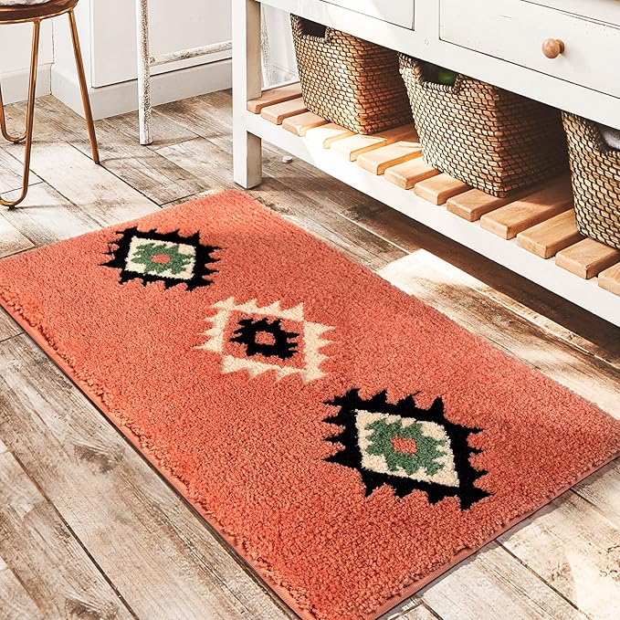 DEXDE Boho Bathroom Rugs 20x32 Soft Absorbent Bath Mat Non Slip Moroccan Geometric Bath Rug Luxury Carpet for Bathroom Shower Kitchen Entryway Farmhouse Decor, Coral Red