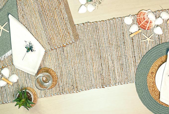 Chardin Home Natural Jute Table Runner 13x90 Inch – Vintage Boho Rustic Table Decor – Handwoven Jute Table Runner in Natural and Sage Green – Farmhouse Dining or Console Table Accent