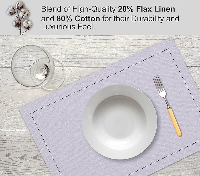 Ruvanti Linen Placemats Set of 6-13x19 Inch, Classic Hemstitch, Heat Resistant Machine Washable Place Mats, Soft & Elegant- Perfect for Christmas, Thanksgiving, Weddings, Dinner - Lavender Grey