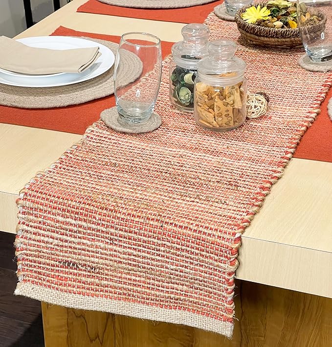 Chardin Home Natural Jute Table Runner 13x90 Inch – Vintage Boho Rustic Table Decor – Handwoven Jute Table Runner in Natural and Rust Orange – Farmhouse Dining or Console Table Accent