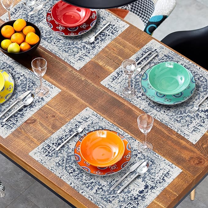 Navy Blue Grey Ethnic Boho Placemats Set of 4 Bohemian Carpet Vintage Gray Linen Washable Kitchen Dining Table Mats Stain Heat-Resistant Desktop Decor Place Mats for Home Party Indoor 12x18 in