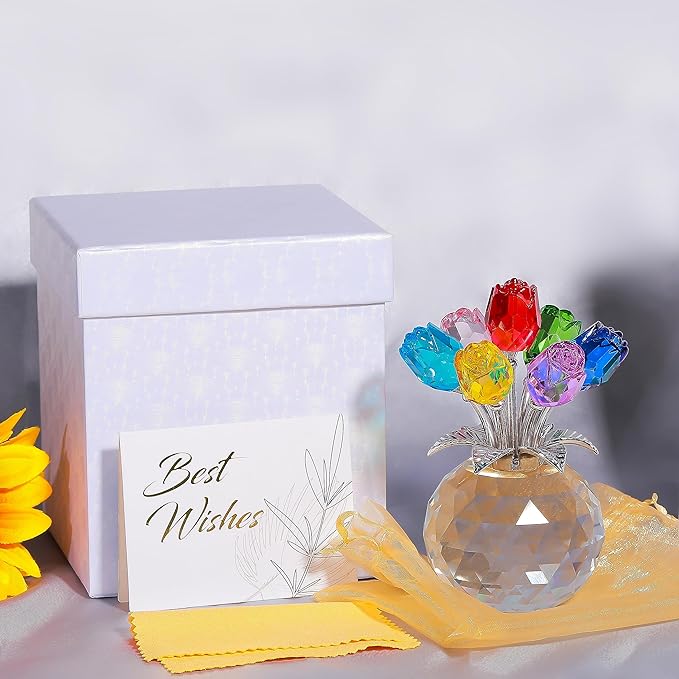 Colorful Rose Flower Crystal Figurine with Vase, Bouquet Flowers Ornament Gifts for Wife Girlfriend Women, Handmade Crystal Flower Collectible Home Table Decor for Valentine's Day Wedding Anniversary
