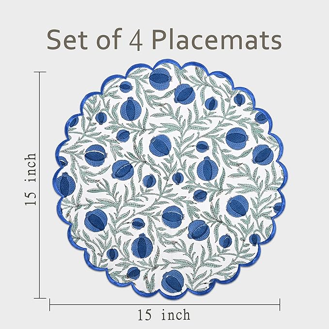 Ridhi Queen Blue Bo-ho Round Place Mat Double Layer Floral Cotton Washable Placemats 15" Round Embroidery Block Print Table Mat Pack of 4-15 Inch Round