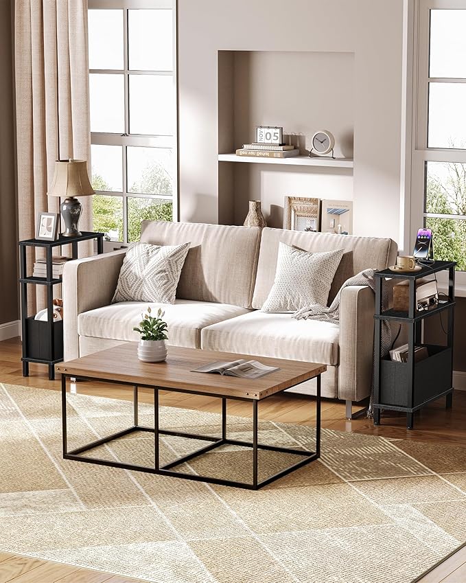 Set of 2 End Tables with Charging Station, Narrow Side Table for Small Spaces, Slim Nightstand with Basket, Skinny Bedside Table, for Living Room, Bedroom, Black TBZ07UP2BBN1