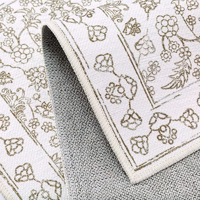 Floral Area Rug 4x6 Washable Entryway Taupe Carpet Non Slip Boho Thin Farmhouse Throw Accent Rug for Living Room Bedroom Office Kitchen Bathroom